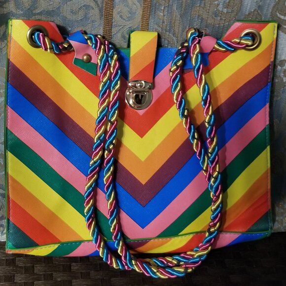 Handbags - Rainbow Colorful Chevron Tote Purse Bag With Rope Handle